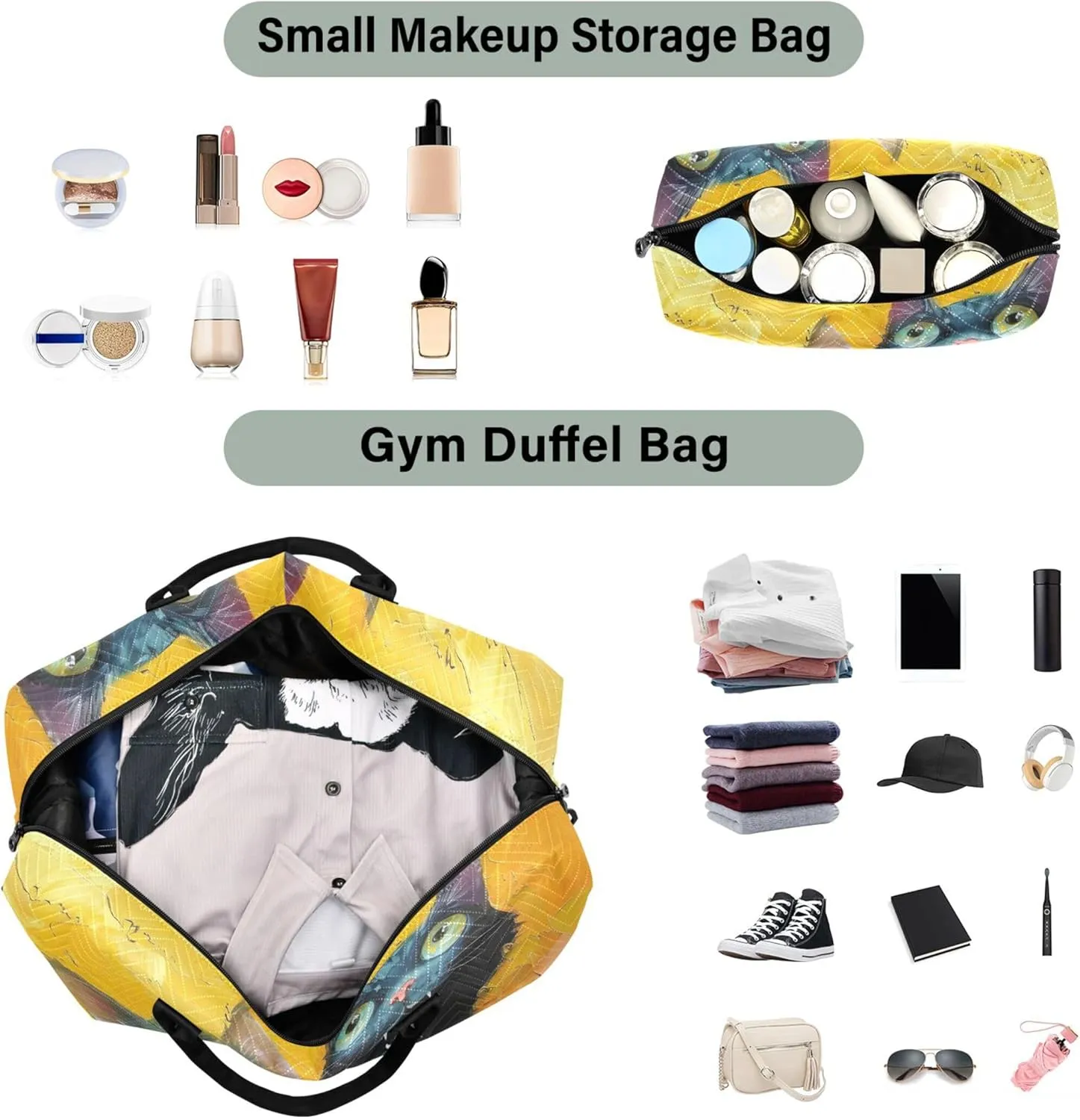 Painting Cats Cartoon Travel Duffle Bags Makeup Bag Set of 2, Decorative Women Gym Duffle Bag Carry on Duffle