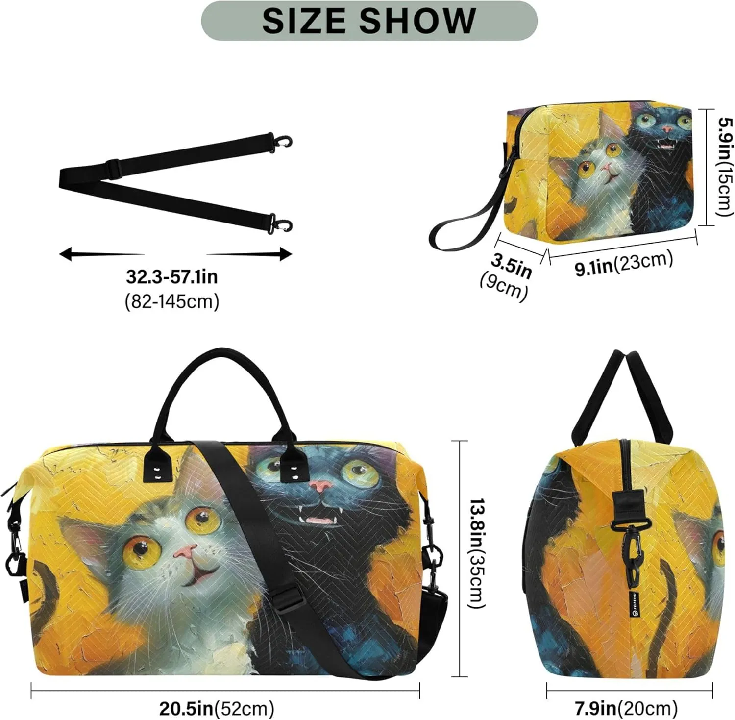 Painting Cats Cartoon Travel Duffle Bags Makeup Bag Set of 2, Decorative Women Gym Duffle Bag Carry on Duffle