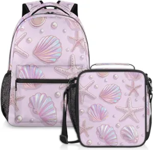 Pearl Conch Lunch Backpack Starfish Seashell Laptop Backpacks Set with Insulated Cooler Lunch Box Leak Proof Lunch Bag for Women Men Work Camping Travel Daypack