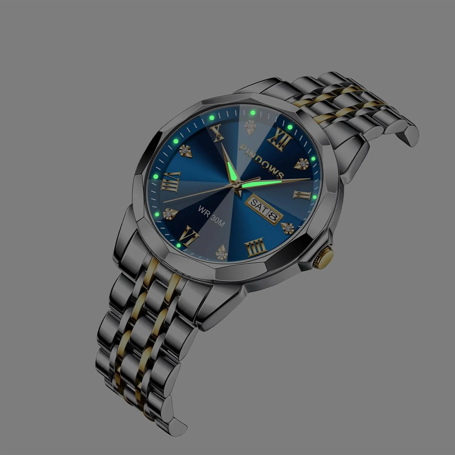 PINDOWS Watches for Men Diamond Date Calendar Quartz Watches Analog Stainless Steel Waterproof Luminous Two Tone Business Watch