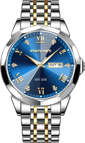 PINDOWS Watches for Men Diamond Date Calendar Quartz Watches Analog Stainless Steel Waterproof Luminous Two Tone Business Watch