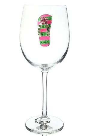 Pink and Green Striped Flip Flop Stemmed Wine Glass
