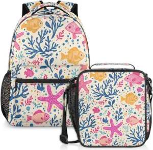 Pink Sea Fish Lunch Backpack Coral Starfish Laptop Backpacks Set with Insulated Cooler Lunch Box Leak Proof Lunch Bag for Women Men Work Camping Travel Daypack