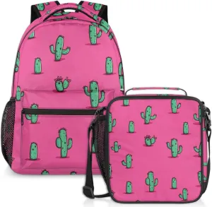 Plant Cactus Lunch Backpack Green Botanical Laptop Backpacks Set with Insulated Cooler Lunch Box Leak Proof Lunch Bag for Women Men Work Travel Camping Daypack