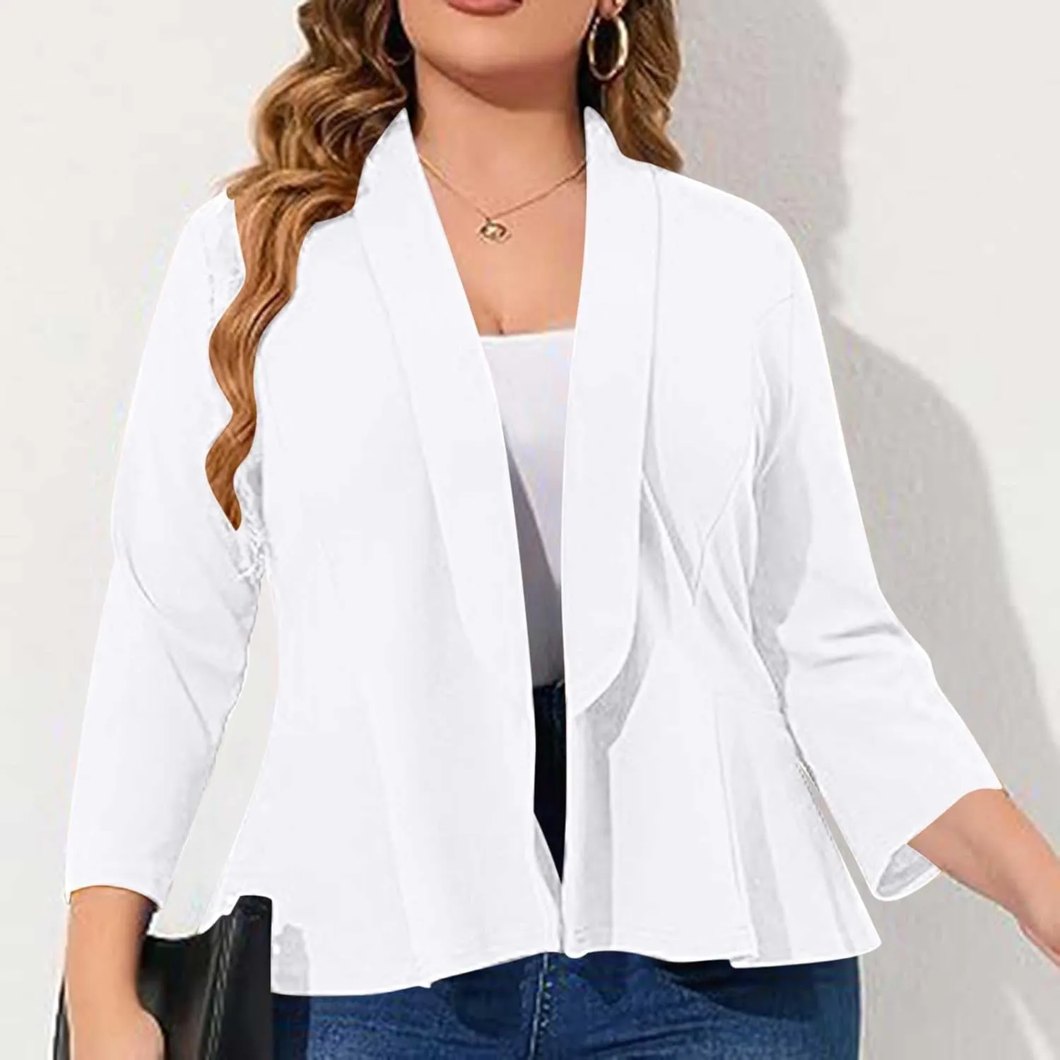 Plus Size Cardigan for Women 3/4 Sleeve Casual Open Front Lightweight Ruffled Hem Cover Up Jacket Coat Solid Color