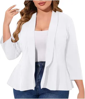 Plus Size Cardigan for Women 3/4 Sleeve Casual Open Front Lightweight Ruffled Hem Cover Up Jacket Coat Solid Color