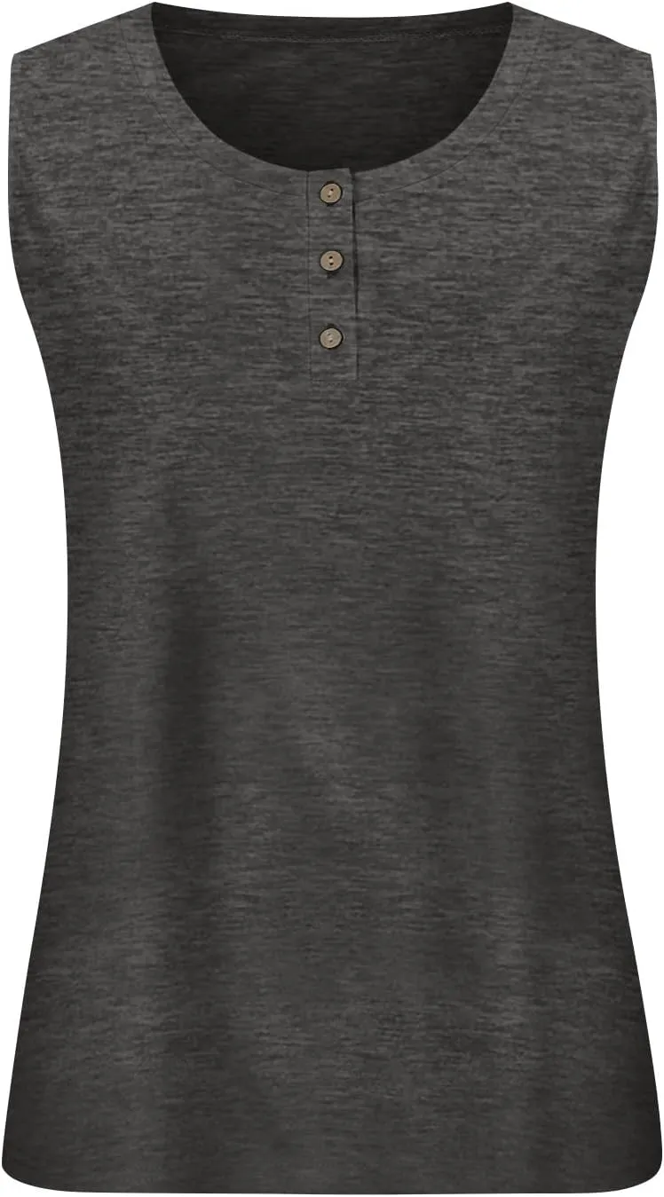 Plus Size Tank Tops for Women Summer Sleeveless O Neck Henley T-Shirts Tops Casual Button Down Tunics Shirts