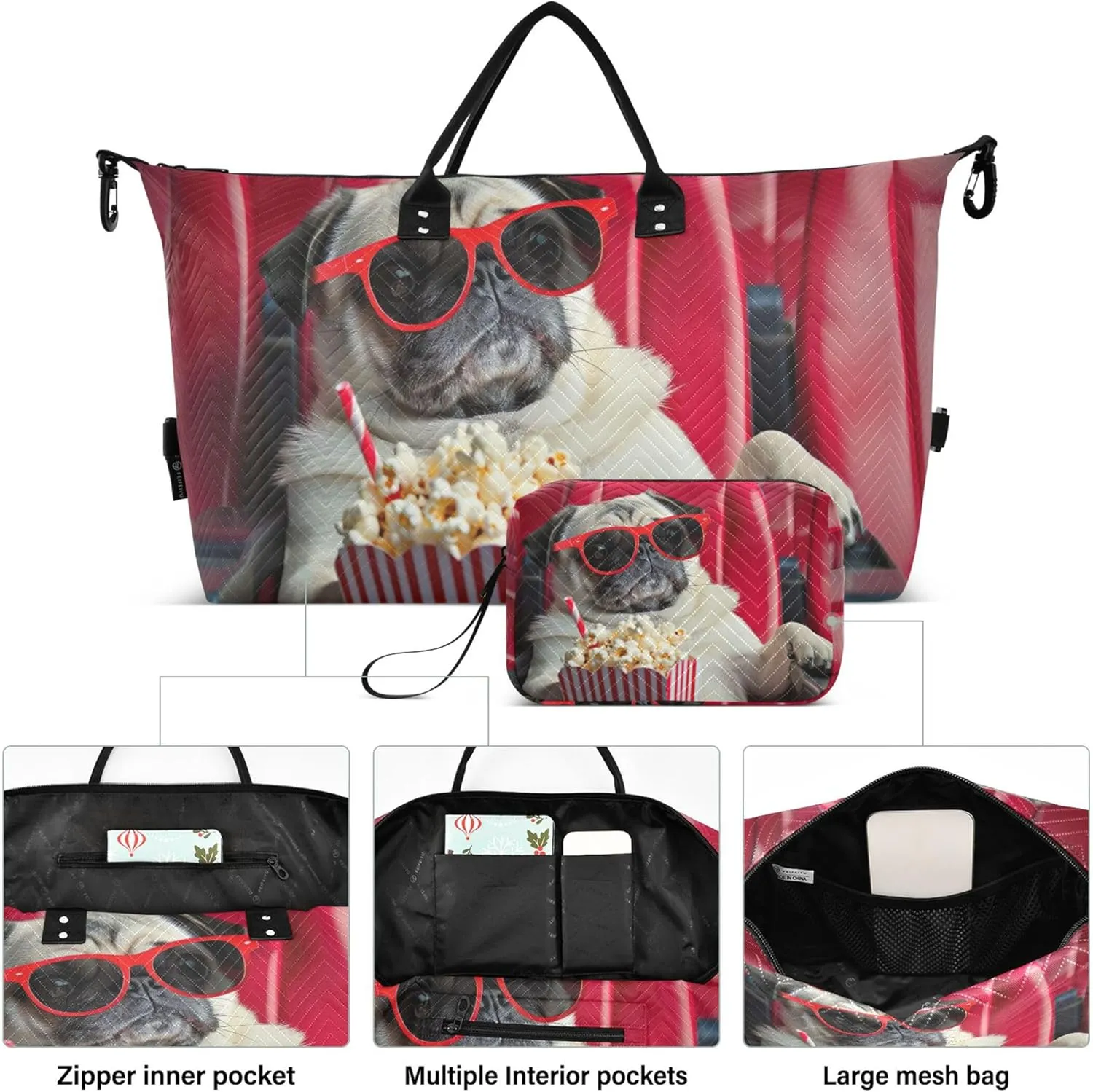 Pug Dog Funny Duffle Bag Travel Make up Bags Set of 2, Print Women Sports Bags Carry on Tote
