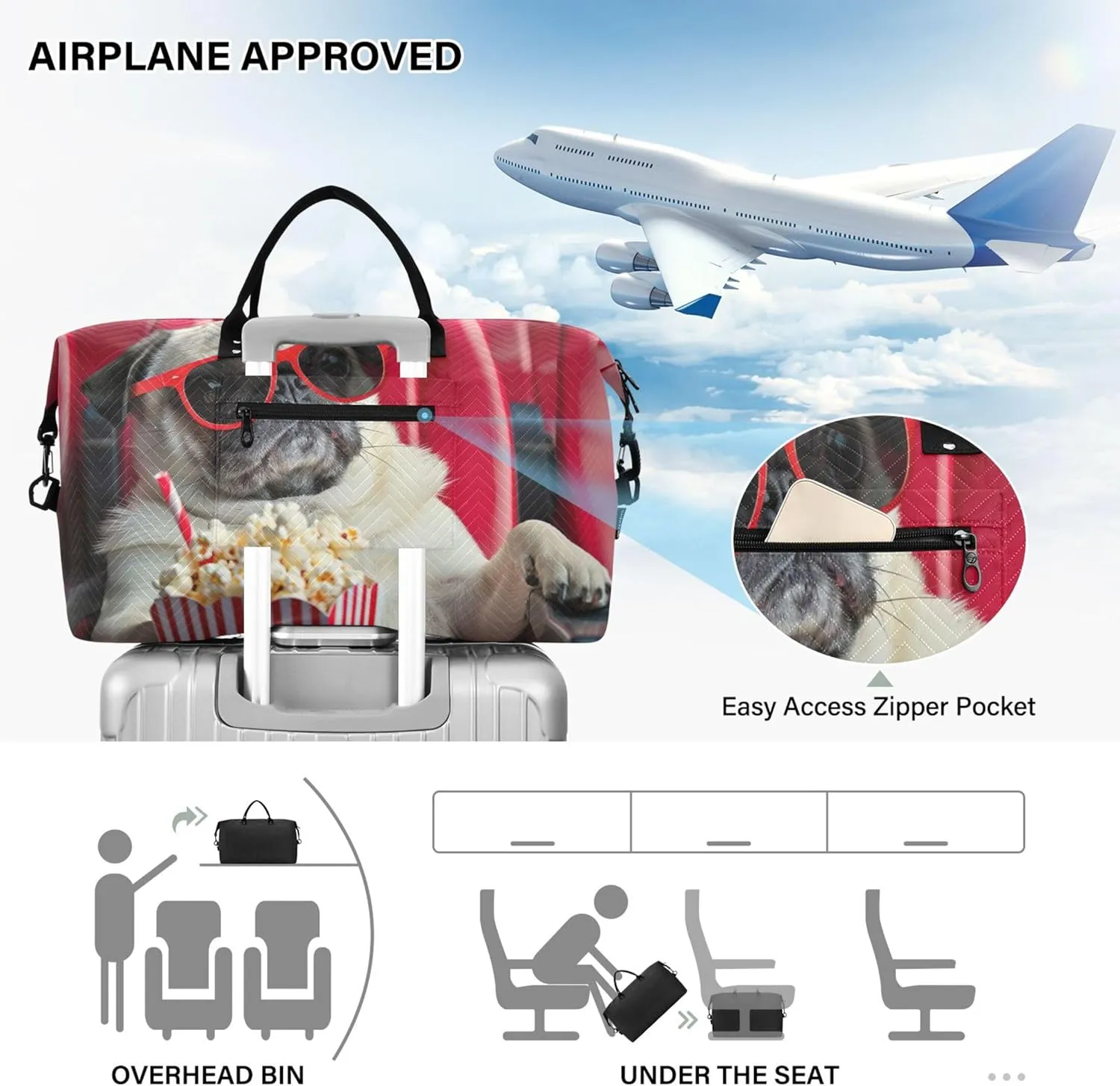 Pug Dog Funny Duffle Bag Travel Make up Bags Set of 2, Print Women Sports Bags Carry on Tote
