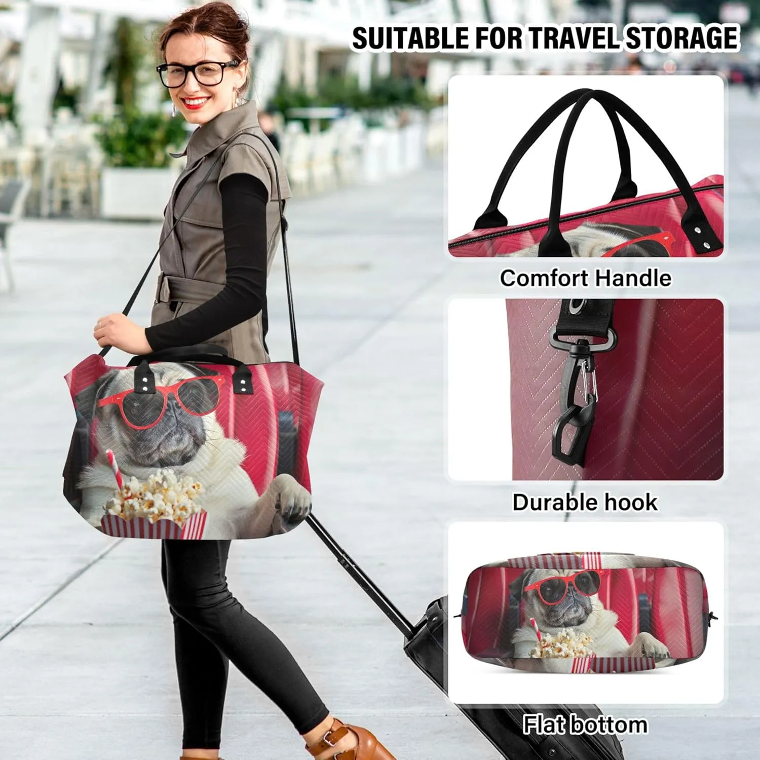 Pug Dog Funny Duffle Bag Travel Make up Bags Set of 2, Print Women Sports Bags Carry on Tote