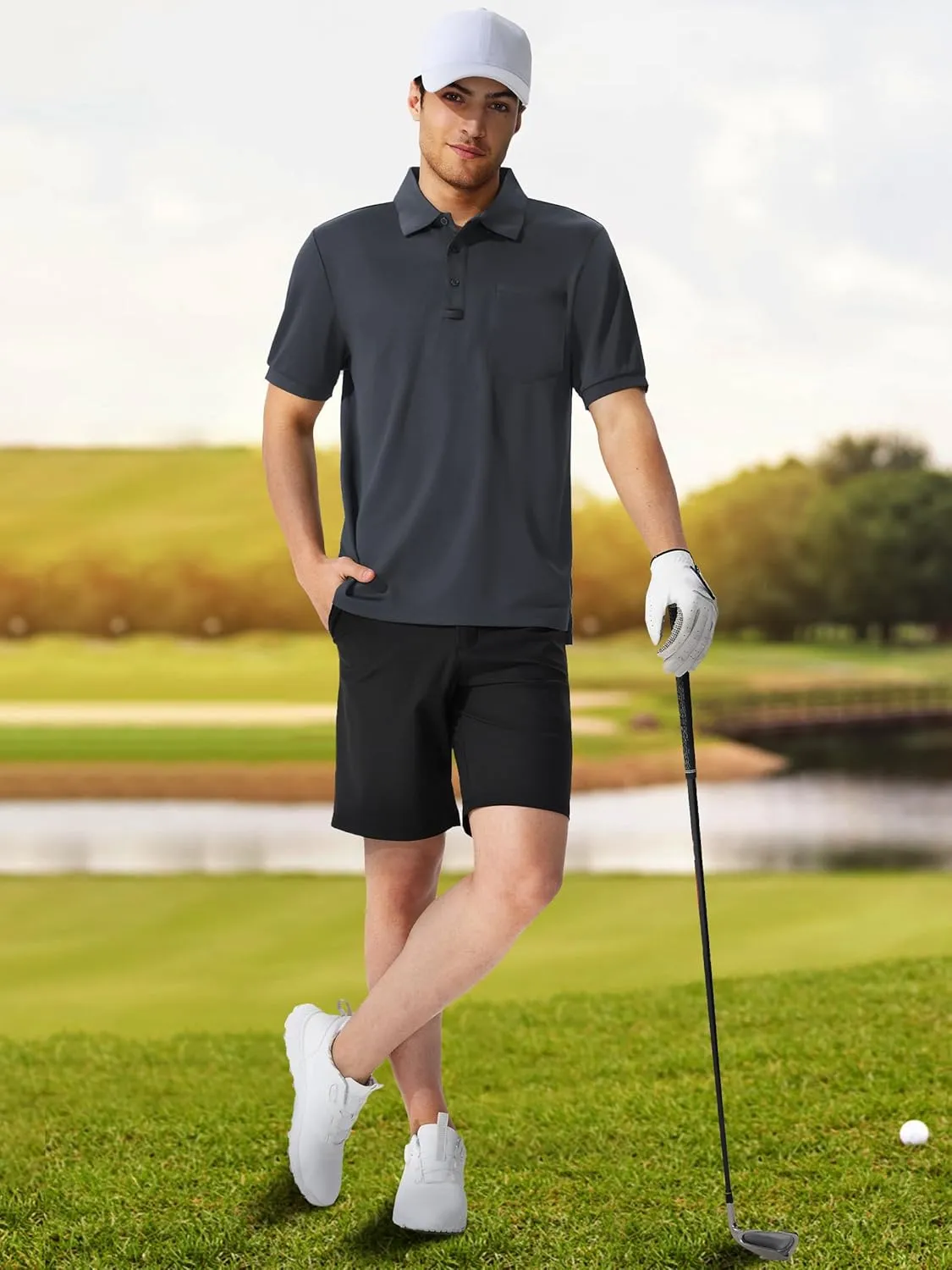 QPNGRP Men's Polo Shirts Short Sleeve with Pocket Quick Dry Performance Golf Shirts Casual Tactical Pique Collared T Shirt