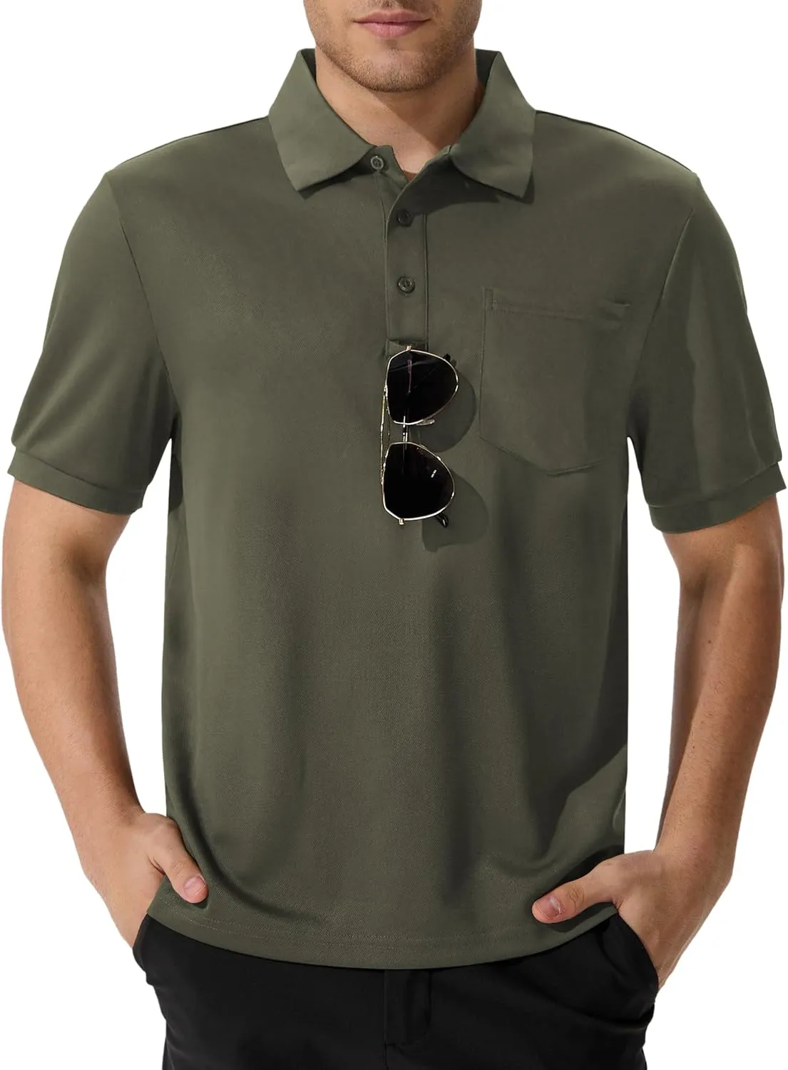 QPNGRP Men's Polo Shirts Short Sleeve with Pocket Quick Dry Performance Golf Shirts Casual Tactical Pique Collared T Shirt