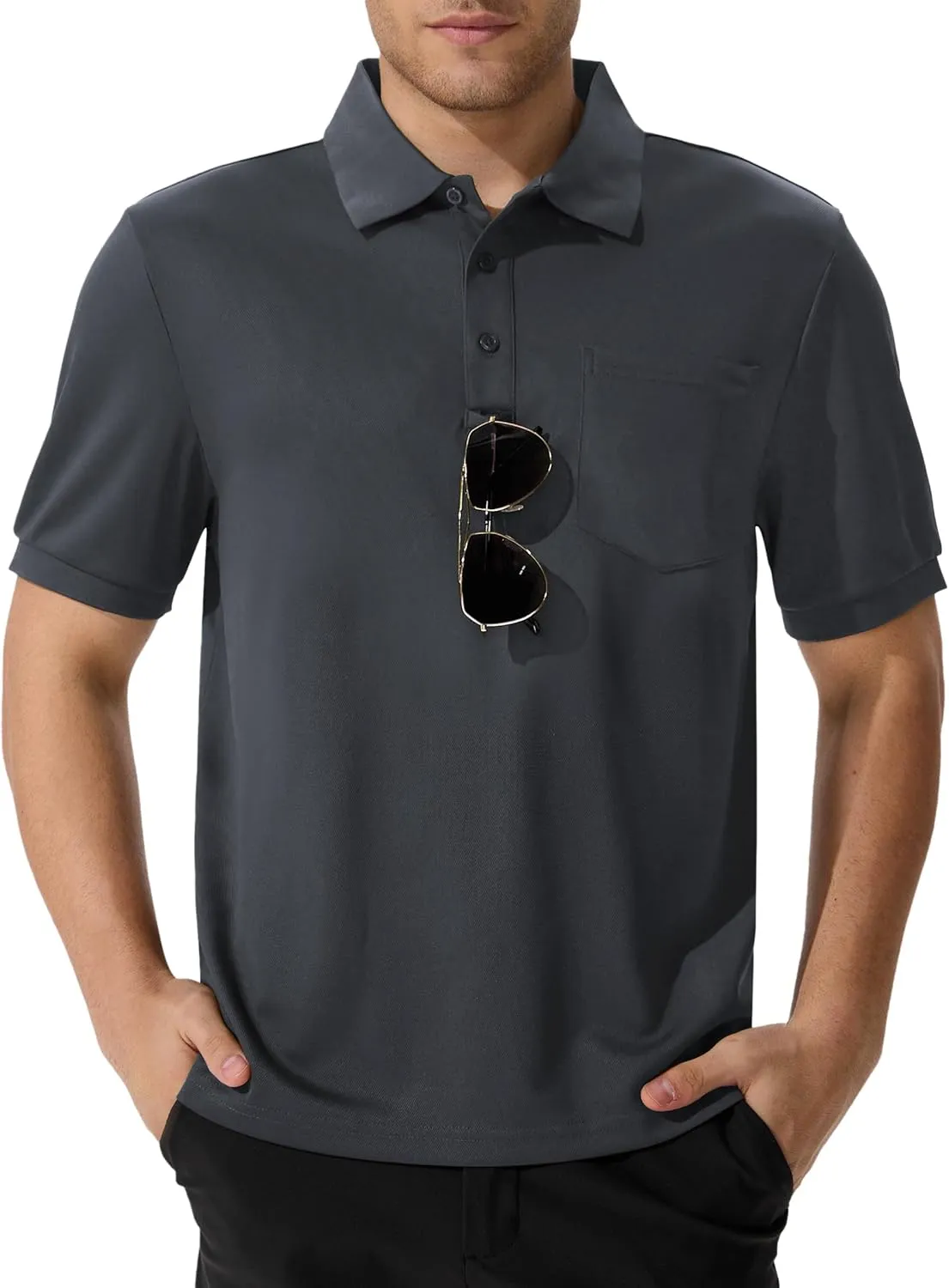 QPNGRP Men's Polo Shirts Short Sleeve with Pocket Quick Dry Performance Golf Shirts Casual Tactical Pique Collared T Shirt