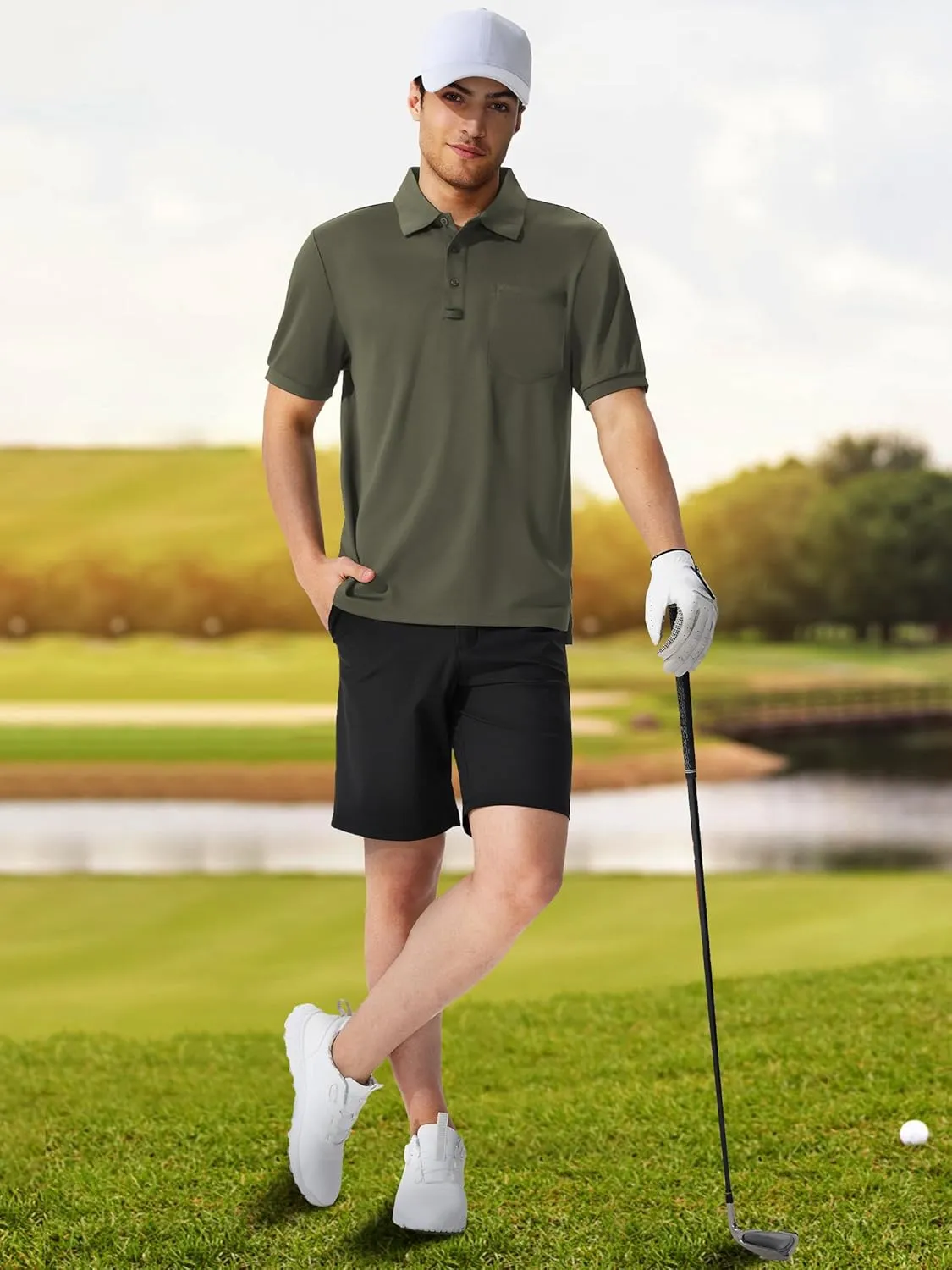 QPNGRP Men's Polo Shirts Short Sleeve with Pocket Quick Dry Performance Golf Shirts Casual Tactical Pique Collared T Shirt