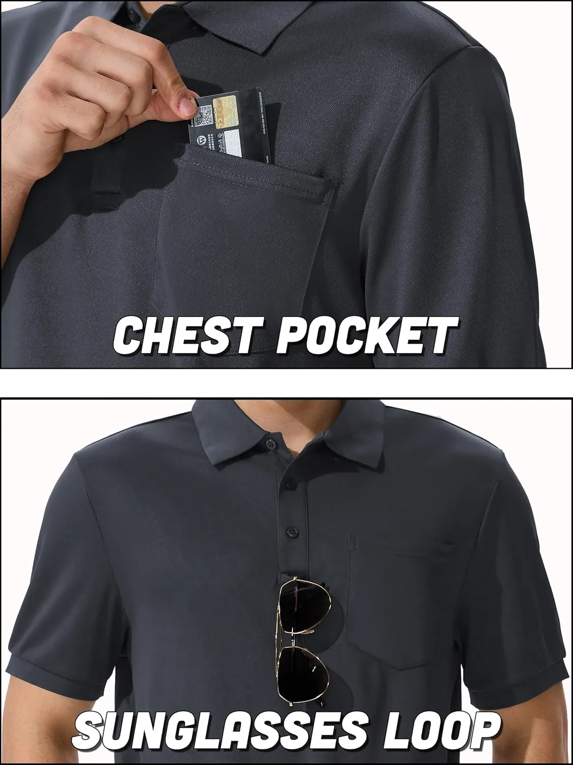 QPNGRP Men's Polo Shirts Short Sleeve with Pocket Quick Dry Performance Golf Shirts Casual Tactical Pique Collared T Shirt