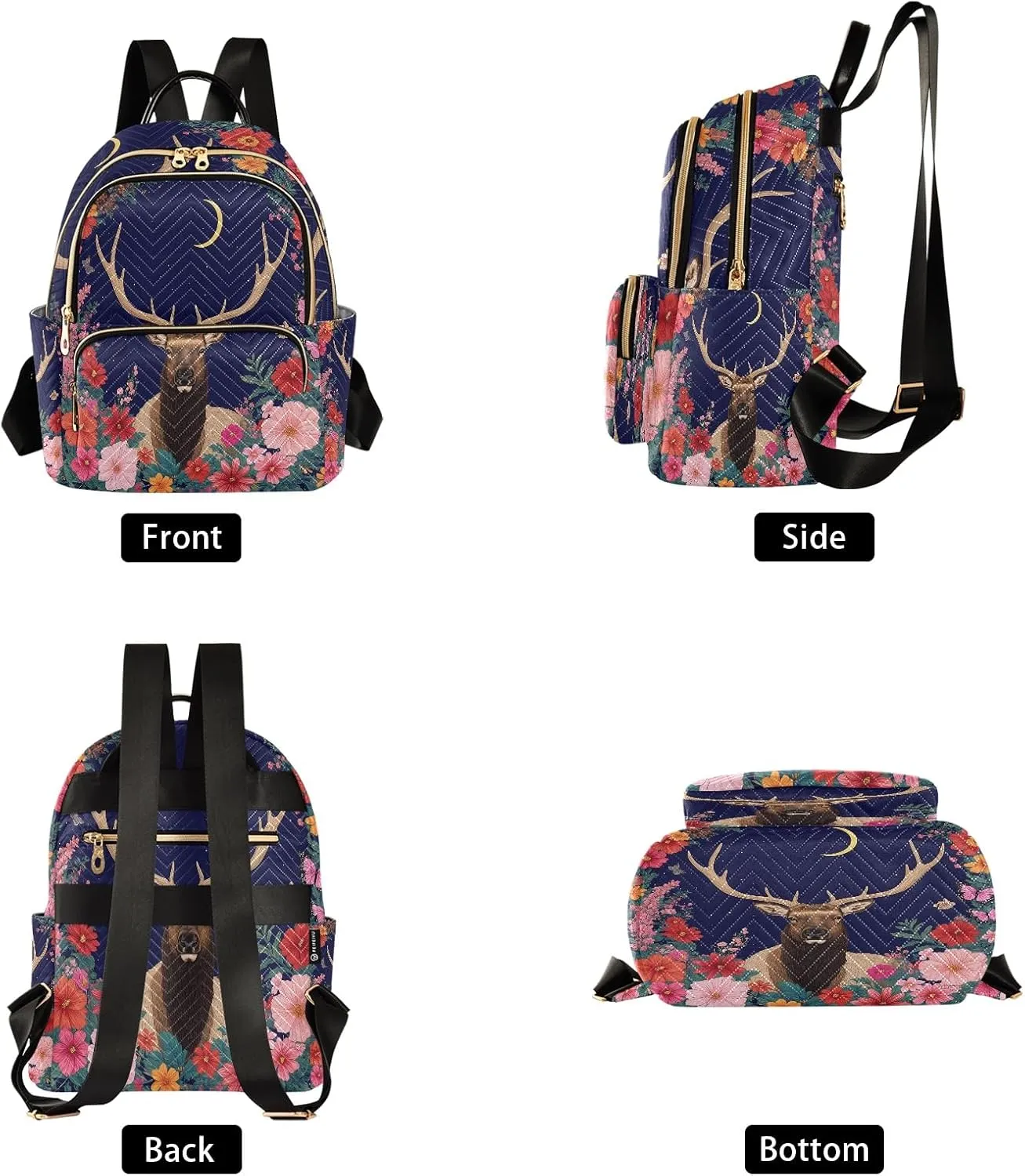 Quilted Backpack for Women Elk Floral Night Scene Carry-On 14 Inch Laptop Backpack