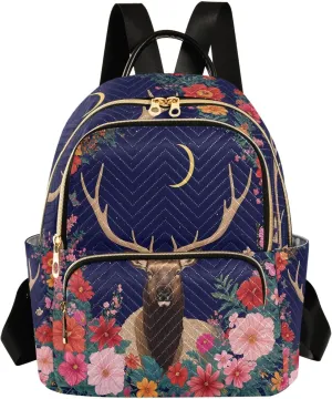 Quilted Backpack for Women Elk Floral Night Scene Carry-On 14 Inch Laptop Backpack