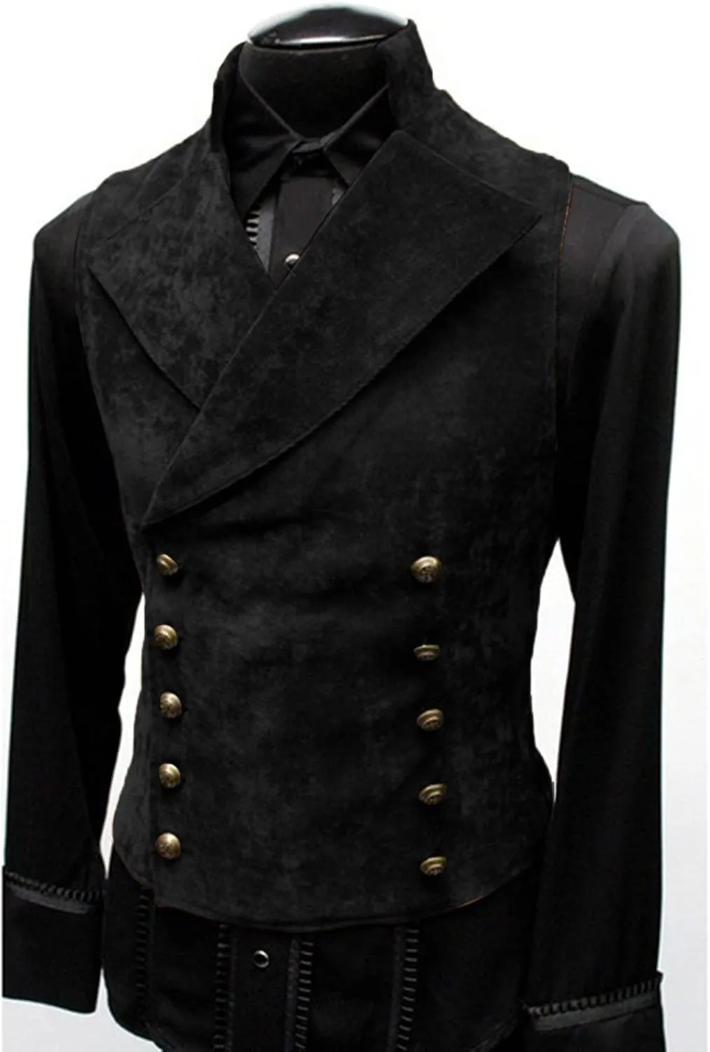 QWENTMTNTY Mens Faux Leather Suede Suit Vest Slim Double Breasted Gothic Victorian Waistcoat Lapel Collar Down Vest Jackets