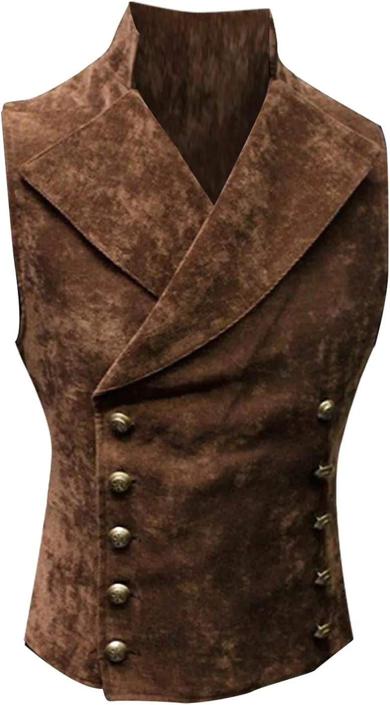 QWENTMTNTY Mens Faux Leather Suede Suit Vest Slim Double Breasted Gothic Victorian Waistcoat Lapel Collar Down Vest Jackets