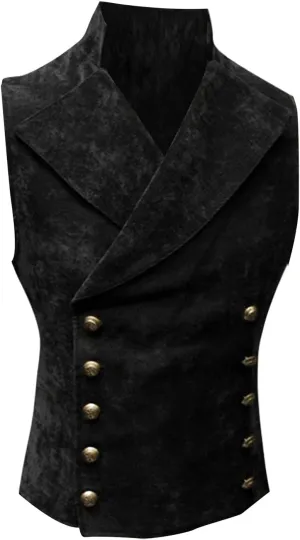 QWENTMTNTY Mens Faux Leather Suede Suit Vest Slim Double Breasted Gothic Victorian Waistcoat Lapel Collar Down Vest Jackets