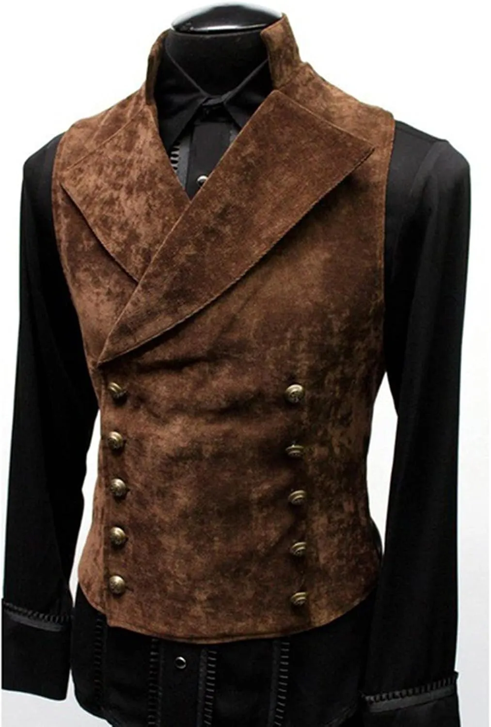 QWENTMTNTY Mens Faux Leather Suede Suit Vest Slim Double Breasted Gothic Victorian Waistcoat Lapel Collar Down Vest Jackets