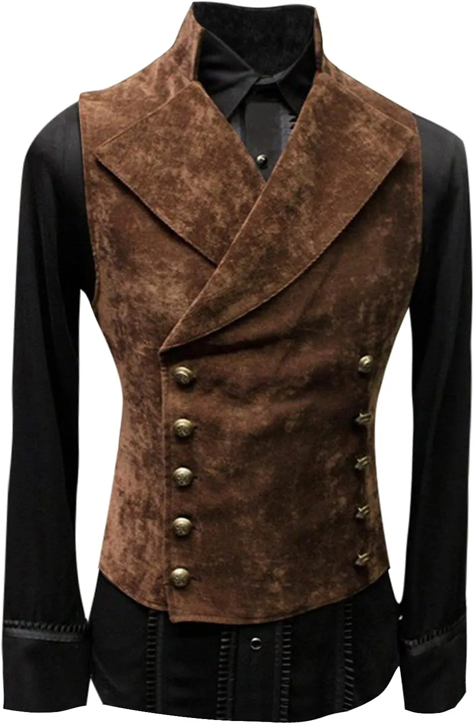 QWENTMTNTY Mens Faux Leather Suede Suit Vest Slim Double Breasted Gothic Victorian Waistcoat Lapel Collar Down Vest Jackets