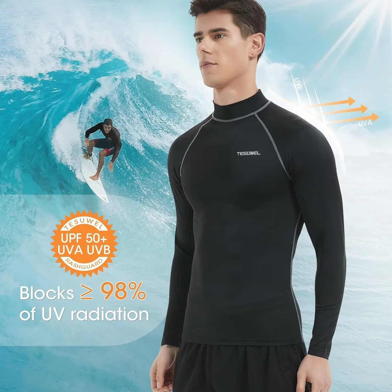 Rash Guard for Men Long Sleeve UPF 50  Mens Swim Shirts UV Protection Compression Surfing Water Shirts Quick Dry