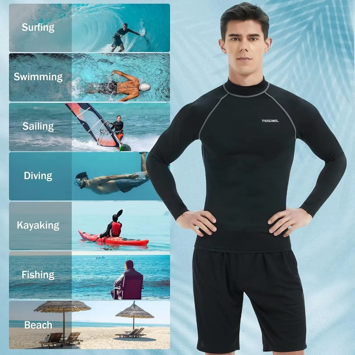 Rash Guard for Men Long Sleeve UPF 50  Mens Swim Shirts UV Protection Compression Surfing Water Shirts Quick Dry