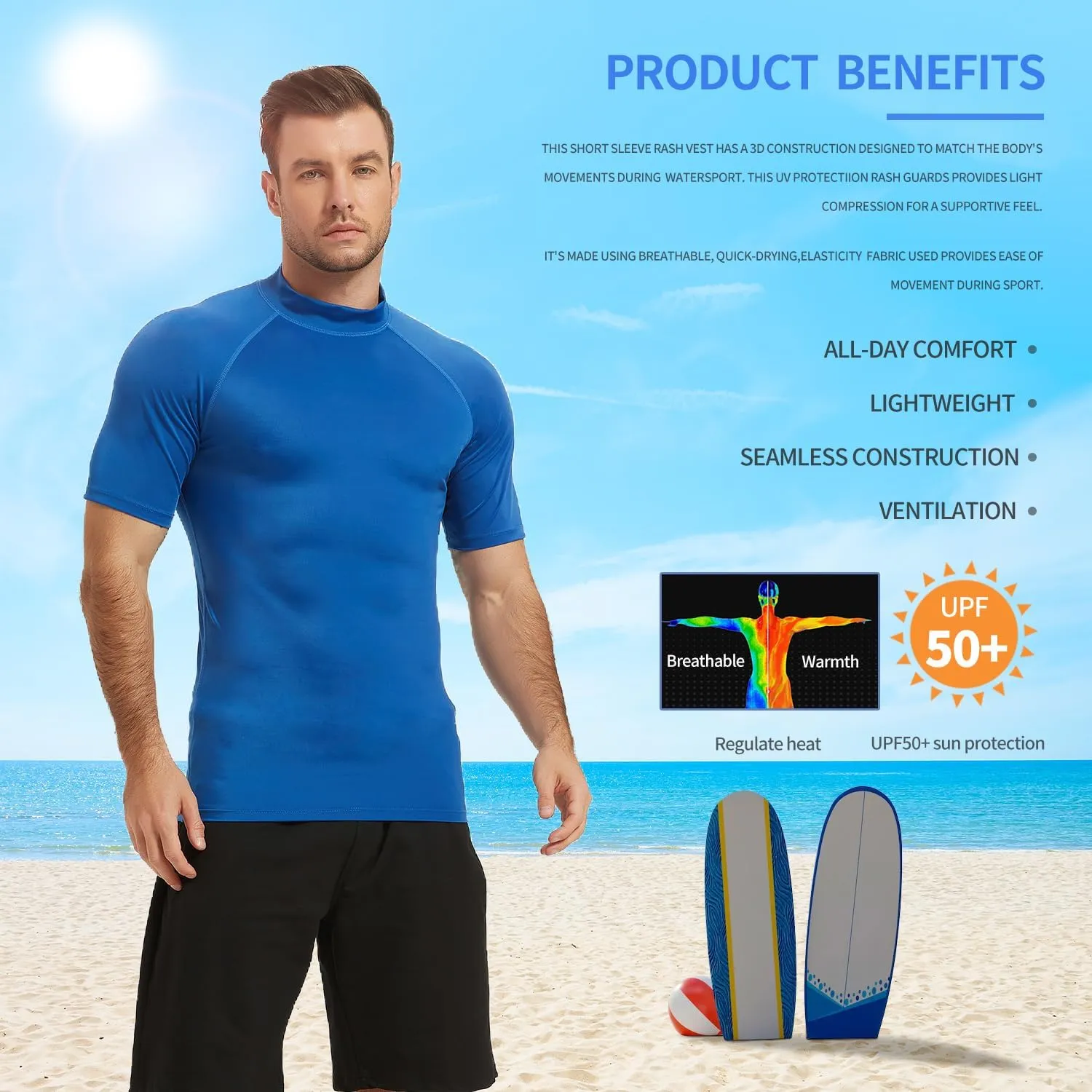 Rash Guard Shirts for Men UV Sun Protection UPF 50 Fitted Rashguard Swim Shirts Quick Dry Swimming Fishing Running