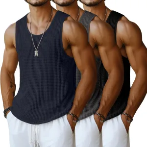 Riyiper 3 Pack Men's Waffle Knit Tank Tops, Casual Sleeveless Tank Shirts Summer Classic Beach T-Shirts Breathable Muscle Tee
