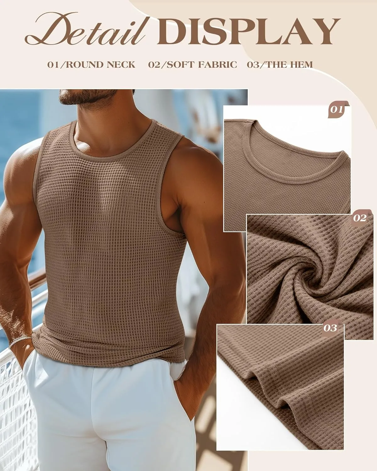 Riyiper 3 Pack Men's Waffle Knit Tank Tops, Casual Sleeveless Tank Shirts Summer Classic Beach T-Shirts Breathable Muscle Tee