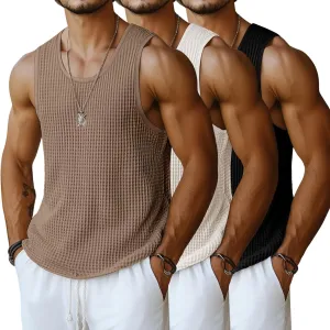 Riyiper 3 Pack Men's Waffle Knit Tank Tops, Casual Sleeveless Tank Shirts Summer Classic Beach T-Shirts Breathable Muscle Tee
