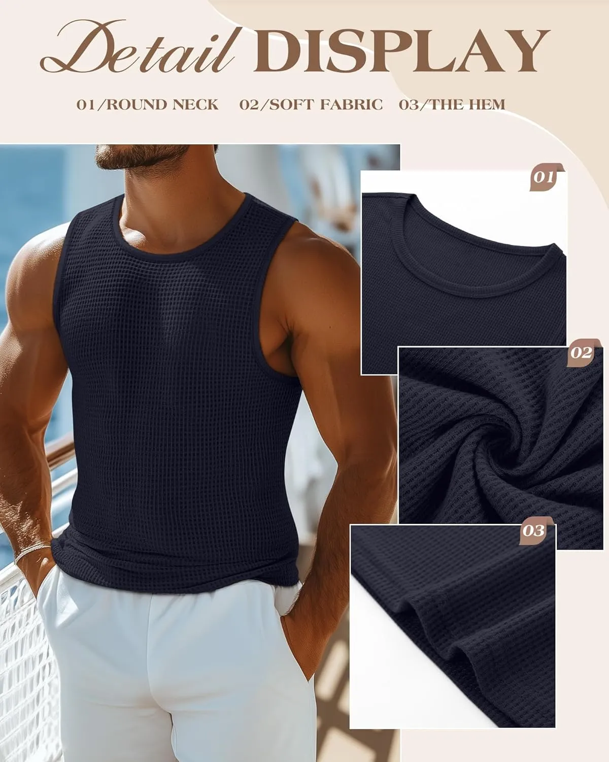Riyiper 3 Pack Men's Waffle Knit Tank Tops, Casual Sleeveless Tank Shirts Summer Classic Beach T-Shirts Breathable Muscle Tee