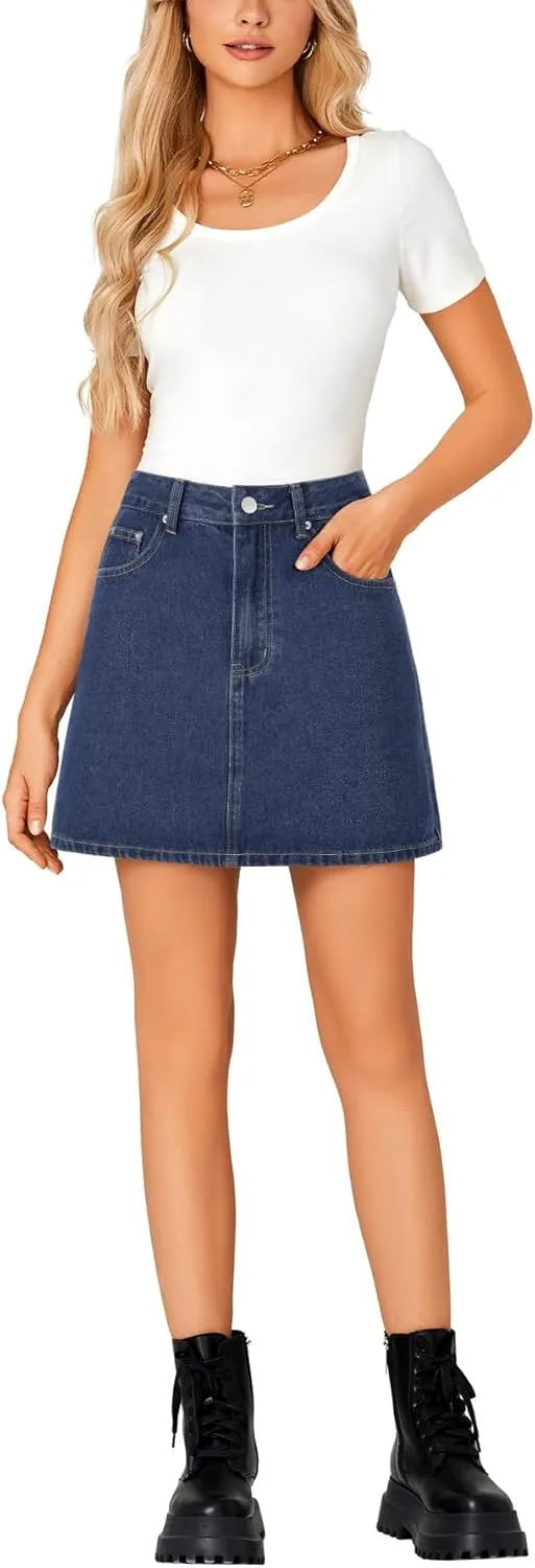 Rooscier Women's High Waisted Jean Skirt Trendy Summer Button Up Denim Mini Skirt