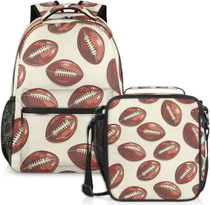 Rugby Football Lunch Backpack Beige Soccer Ball Laptop Backpacks Set with Insulated Cooler Lunch Box Leak Proof Lunch Bag for Women Men Work Travel Camping Daypack