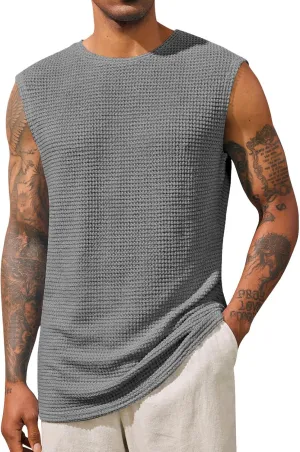 Runcati Mens Waffle Tank Tops Sleeveless T-Shirts Athletic Muscle Summer Beach Hippie Shirts