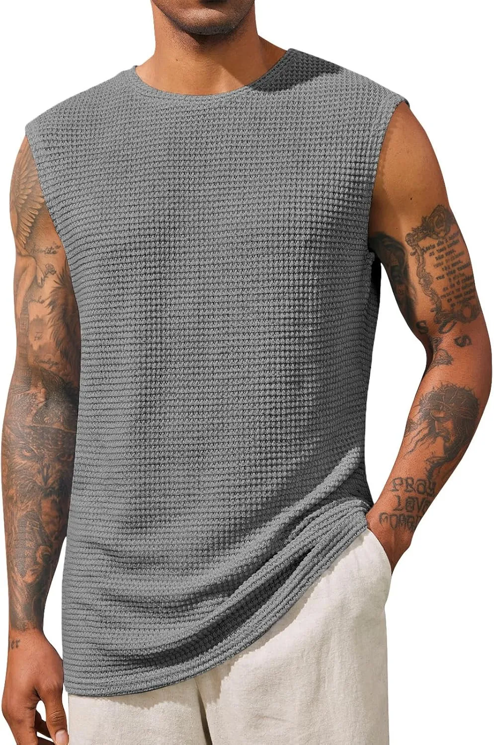 Runcati Mens Waffle Tank Tops Sleeveless T-Shirts Athletic Muscle Summer Beach Hippie Shirts
