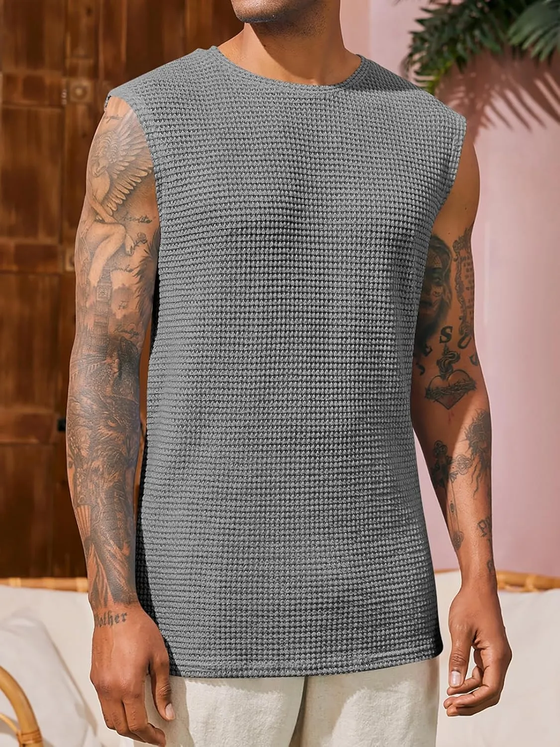 Runcati Mens Waffle Tank Tops Sleeveless T-Shirts Athletic Muscle Summer Beach Hippie Shirts