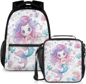 Sea Fish Mermaid Lunch Backpack Colorful Coral Laptop Backpacks Set with Insulated Cooler Lunch Box Leak Proof Lunch Bag for Women Men Work Camping Travel Daypack