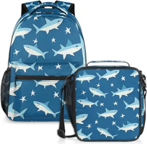 Sea Shark Lunch Backpack Ocean Fish Stars Laptop Backpacks Set with Insulated Cooler Lunch Box Leak Proof Lunch Bag for Women Men Work Travel Camping Daypack