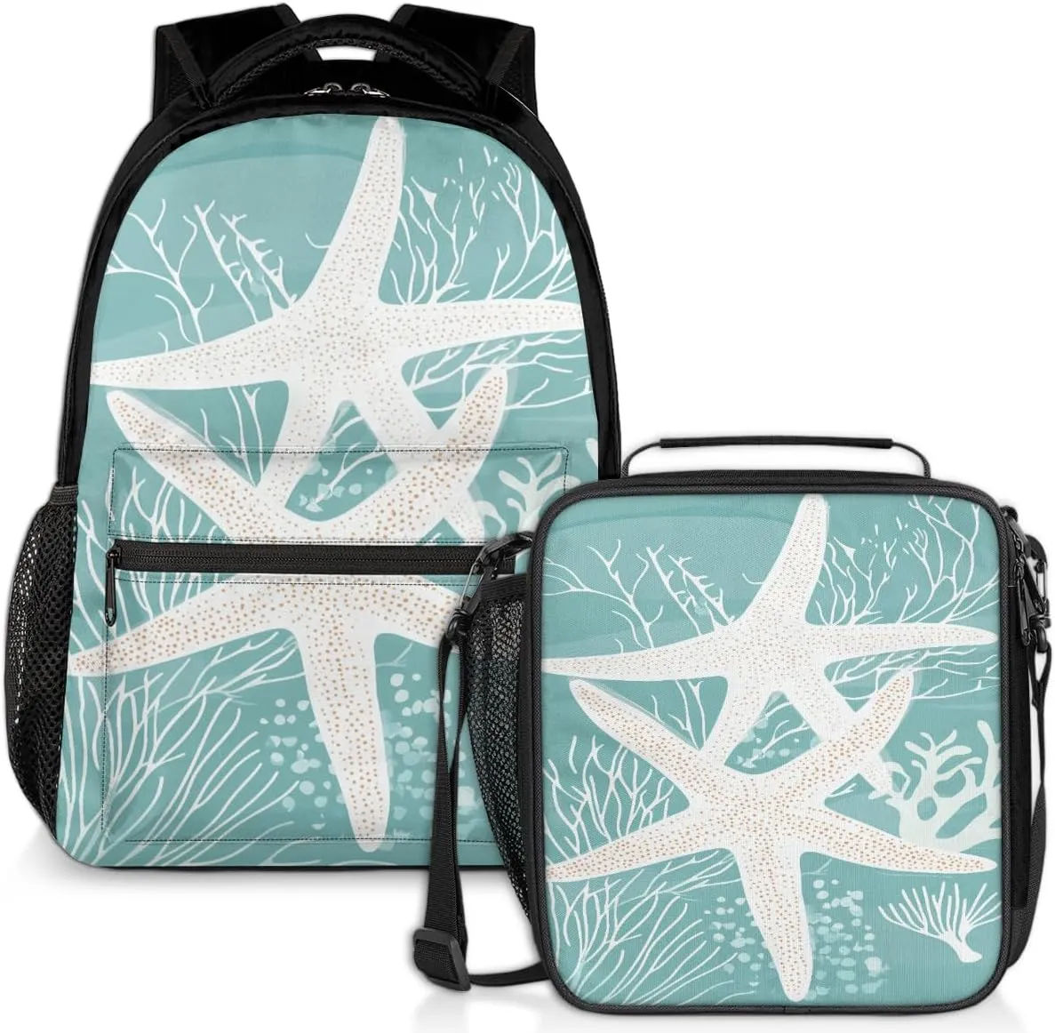 Sea Starfish Lunch Backpack Ocean Fish Animal Laptop Backpacks Set with Insulated Cooler Lunch Box Leak Proof Lunch Bag for Women Men Work Camping Travel Daypack