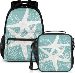 Sea Starfish Lunch Backpack Ocean Fish Animal Laptop Backpacks Set with Insulated Cooler Lunch Box Leak Proof Lunch Bag for Women Men Work Camping Travel Daypack