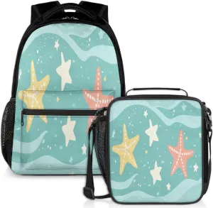 Sea Starfish Lunch Backpack Ocean Stars Laptop Backpacks Set with Insulated Cooler Lunch Box Leak Proof Lunch Bag for Women Men Work Camping Travel Daypack