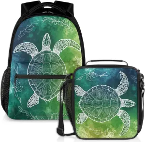 Sea Turtle Lunch Backpack Teal Green Laptop Backpacks Set with Insulated Cooler Lunch Box Leak Proof Lunch Bag for Women Men Work Travel Camping Daypack