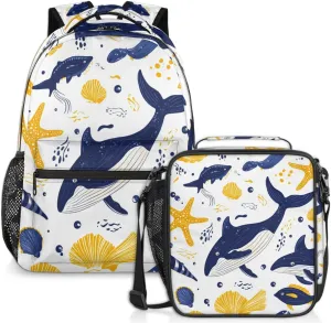 Sea Whale Lunch Backpack Shell Starfish Laptop Backpacks Set with Insulated Cooler Lunch Box Leak Proof Lunch Bag for Women Men Work Camping Travel Daypack
