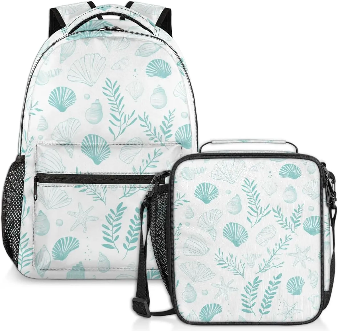Seaweed Starfish Lunch Backpack Sea Shell Conch Laptop Backpacks Set with Insulated Cooler Lunch Box Leak Proof Lunch Bag for Women Men Work Camping Travel Daypack