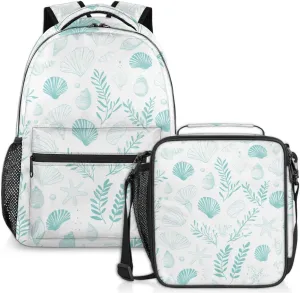 Seaweed Starfish Lunch Backpack Sea Shell Conch Laptop Backpacks Set with Insulated Cooler Lunch Box Leak Proof Lunch Bag for Women Men Work Camping Travel Daypack