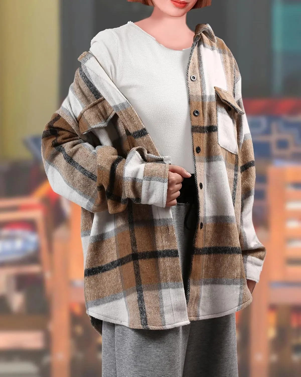 SHEJIZE Women's Casual Shacket Jacket Plaid Shirts Flannel Blouses Button-Down Shirts