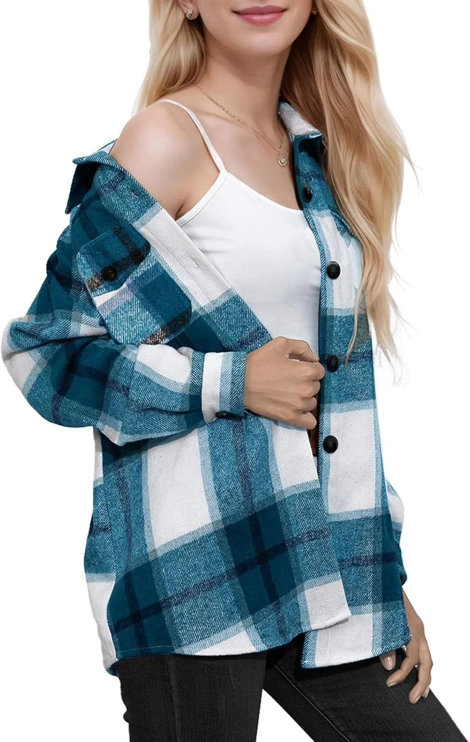 SHEJIZE Women's Casual Shacket Jacket Plaid Shirts Flannel Blouses Button-Down Shirts