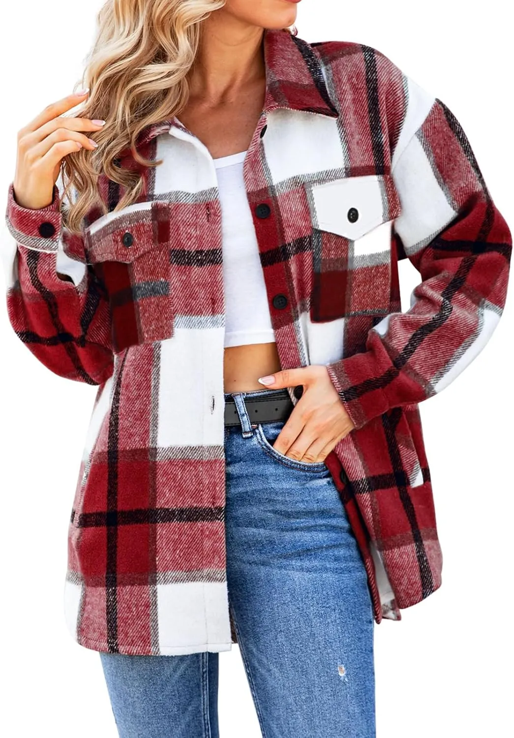 SHEJIZE Women's Casual Shacket Jacket Plaid Shirts Flannel Blouses Button-Down Shirts